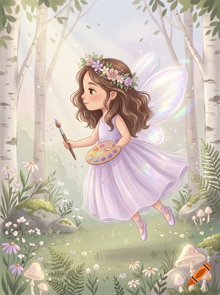 Digital illustration of a cute fairy with brown hair, floral tiara, and purple dress flying in an enchanted forest.