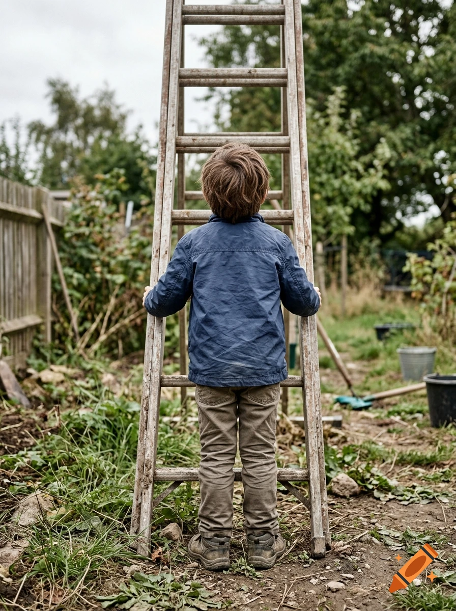 Photorealistic rear view of a child standing in front of a wooden ladder outdoors in a garden.