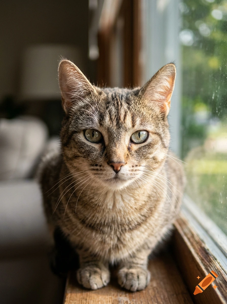 Close-up portrait of a tabby cat looking directly at the camera while sitting on a wooden windowsill.
