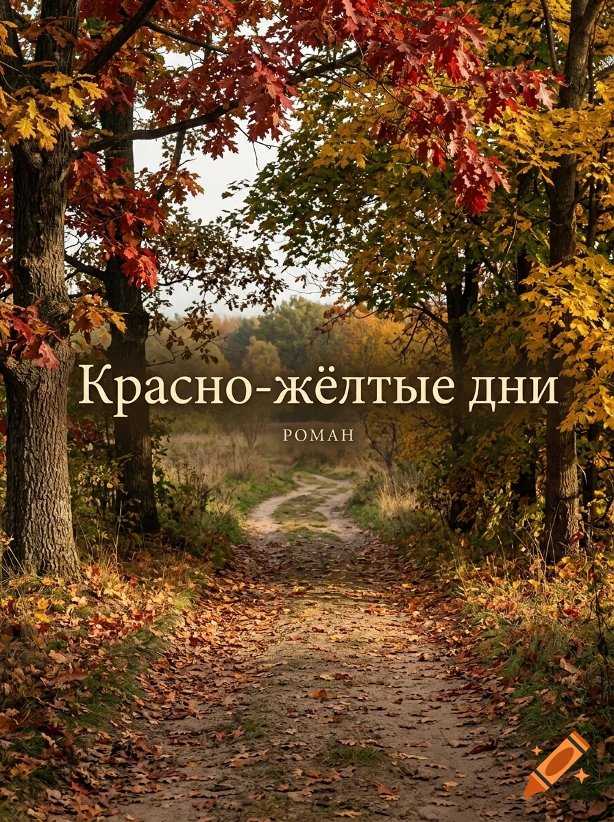 Photorealistic autumn forest landscape with a dirt path winding through trees covered in red and yellow leaves, featuring Russian text at the top.