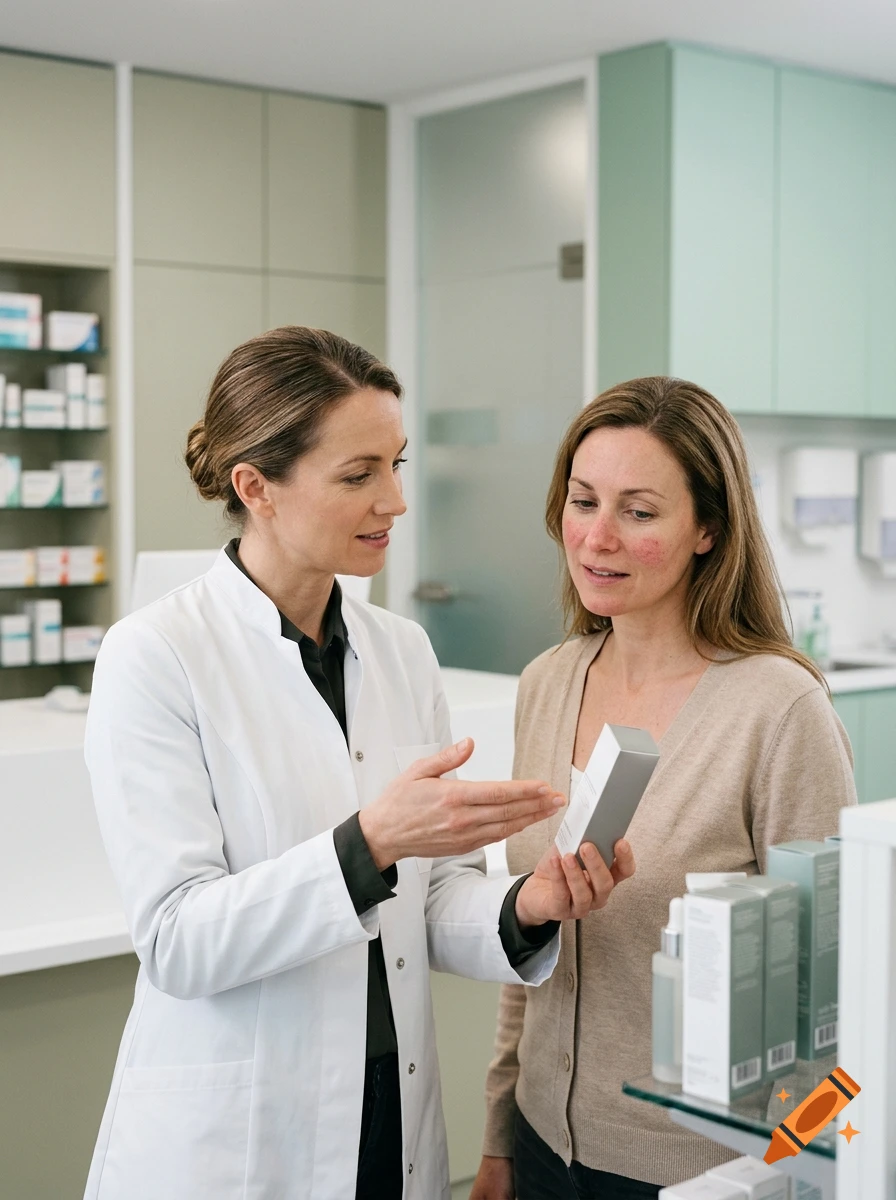 A female pharmacist in a white coat consulting a customer with mild rosacea in a modern pharmacy.