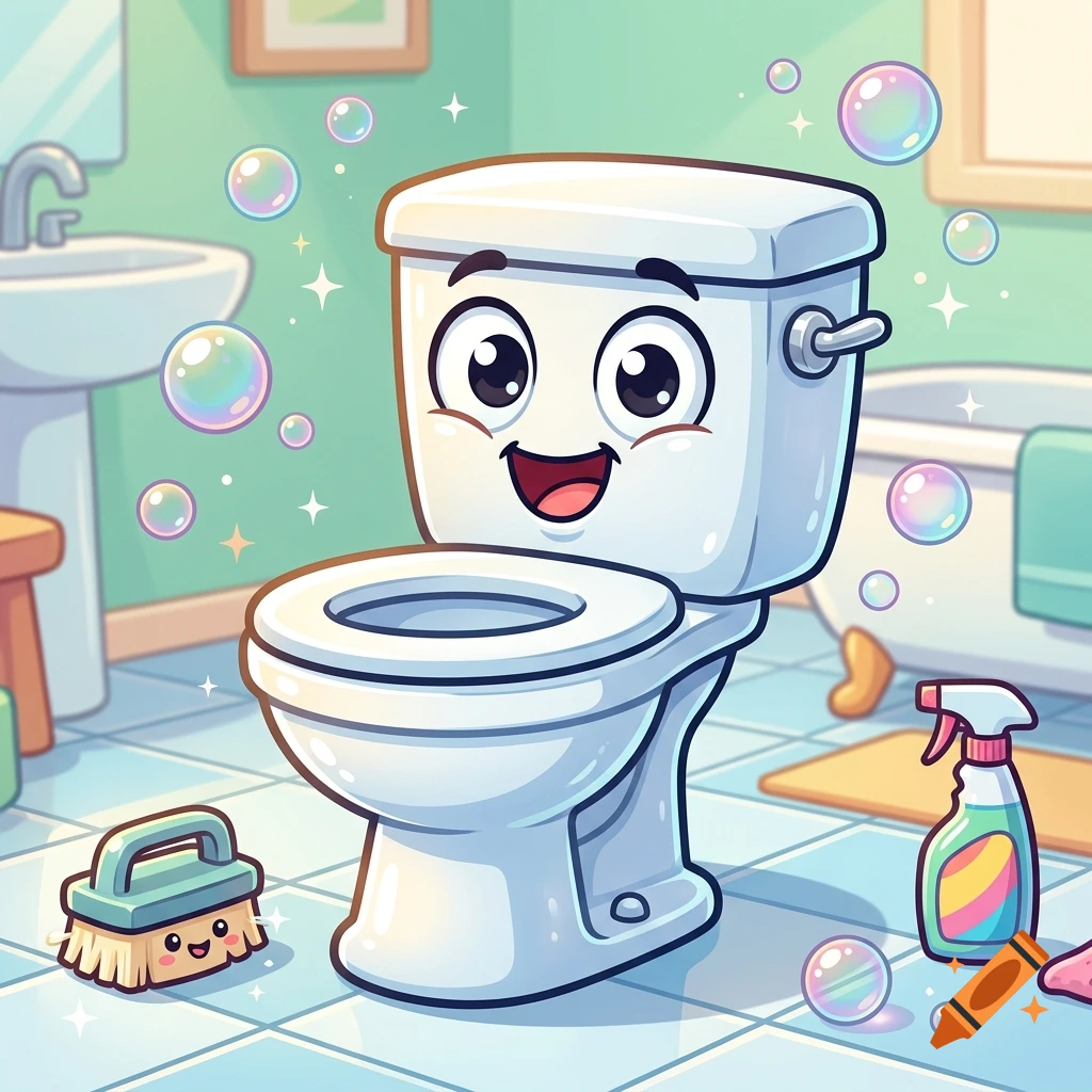 A friendly cartoon toilet with big eyes and a smile in a clean bathroom surrounded by soap bubbles and a cleaning brush.