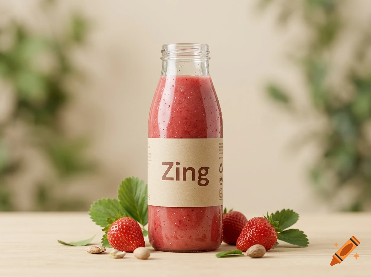 A glass bottle filled with a pink strawberry smoothie, labeled "Zing", surrounded by fresh strawberries and nuts on a wooden table.