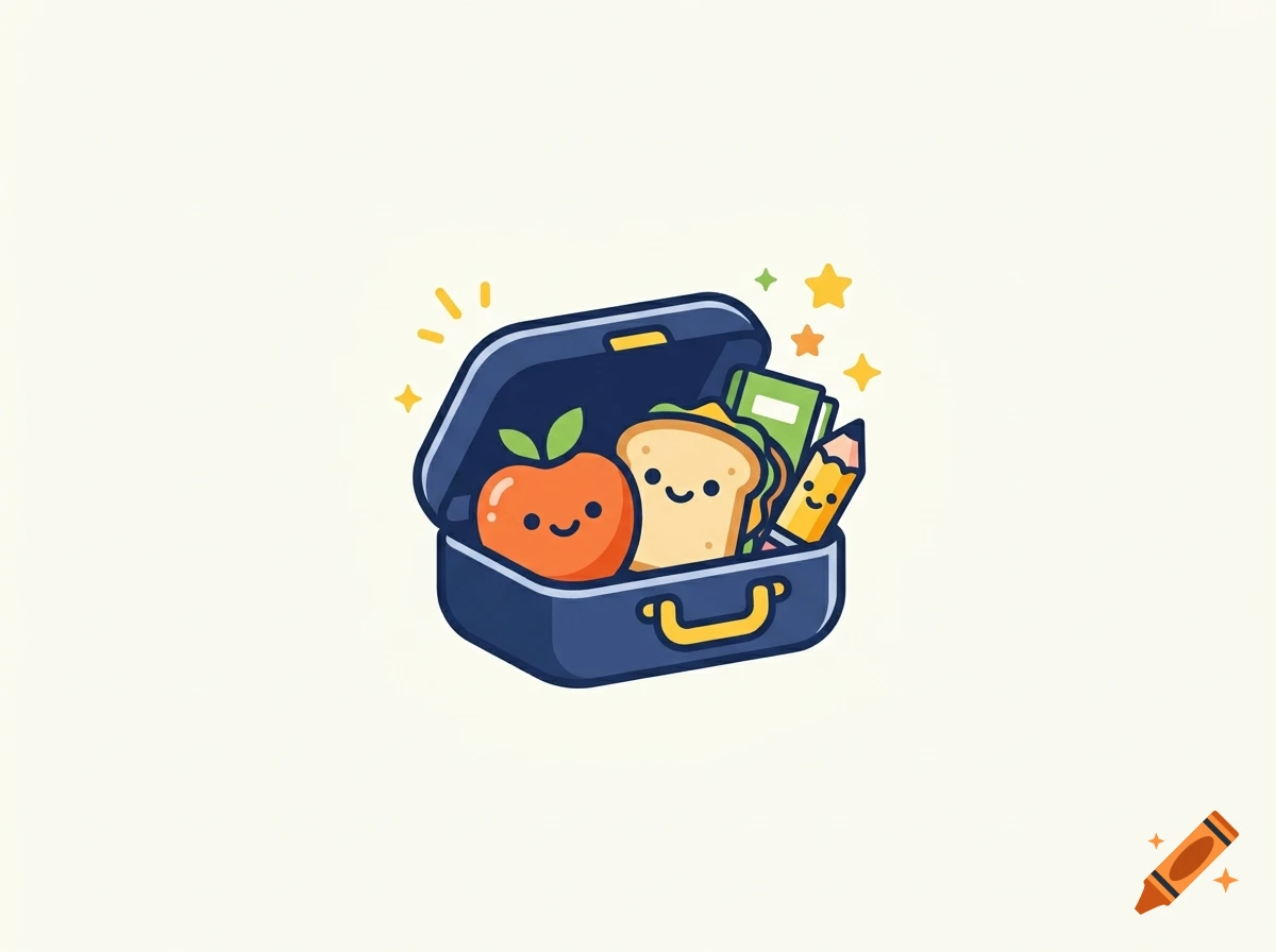Cute vector illustration of an open lunchbox with a smiling apple, sandwich, and pencil, on a light background.