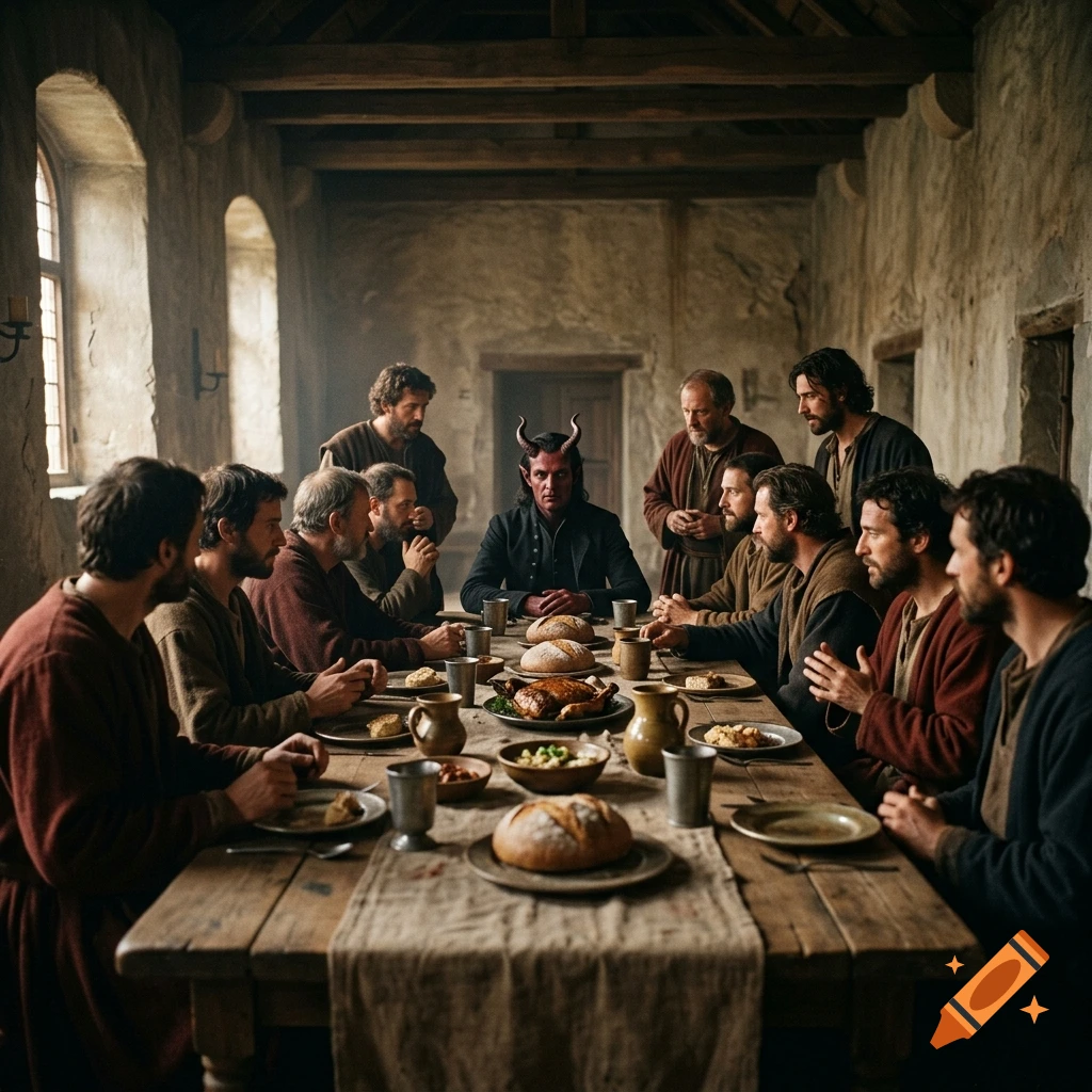 Photorealistic scene of a demonic figure with horns sitting in the center of a long wooden table among men resembling the Last Supper.