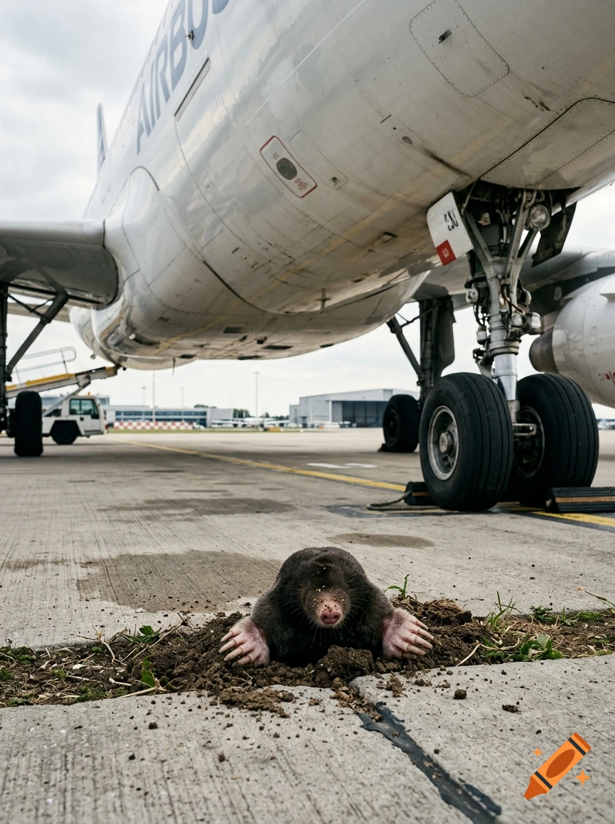 A photorealistic image of a mole emerging from a crack in the tarmac under the nose of a large Airbus passenger plane at an airport.