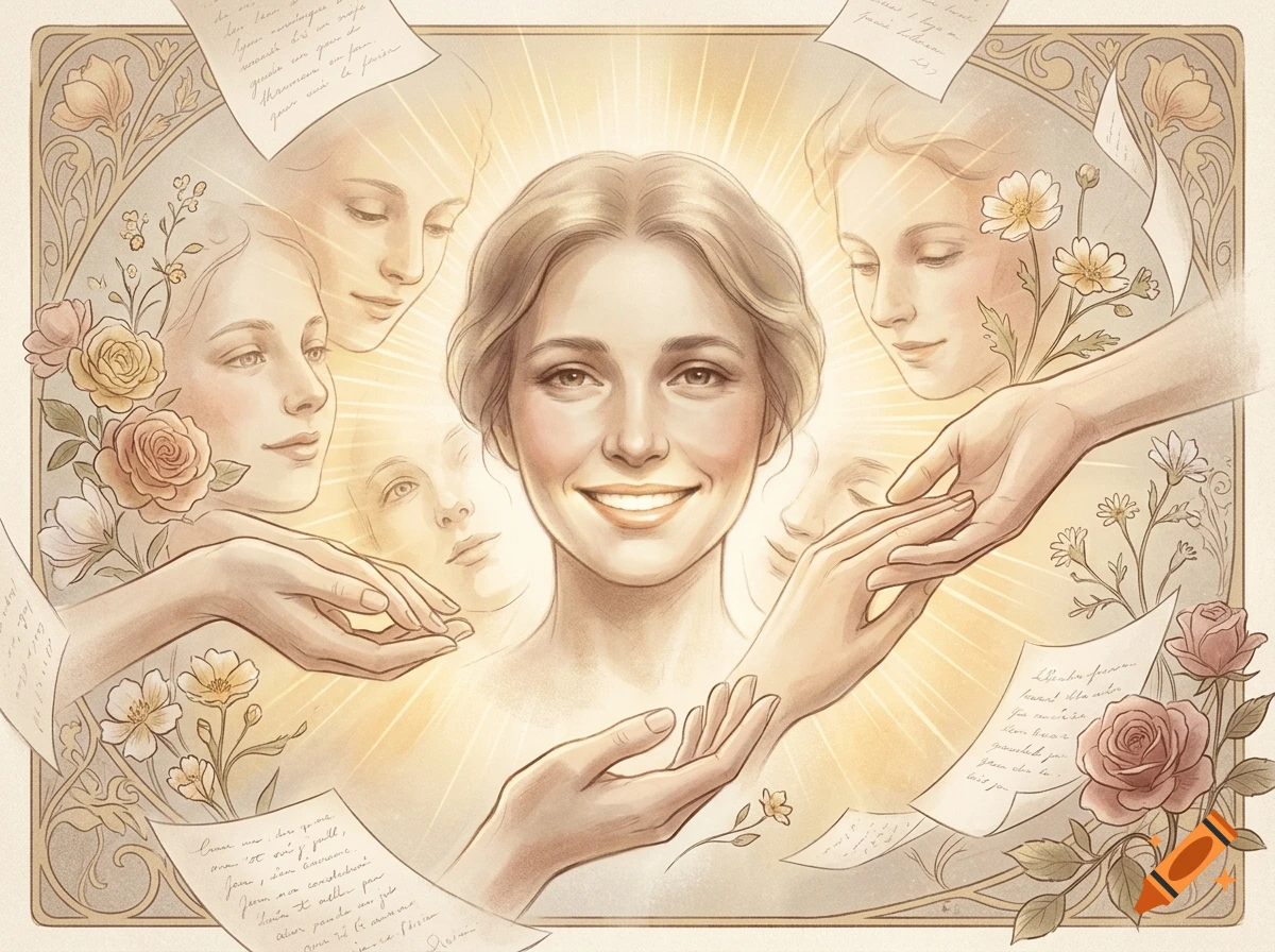 Art Nouveau style illustration of a smiling woman surrounded by floating faces, hands, flowers, and handwritten letters.