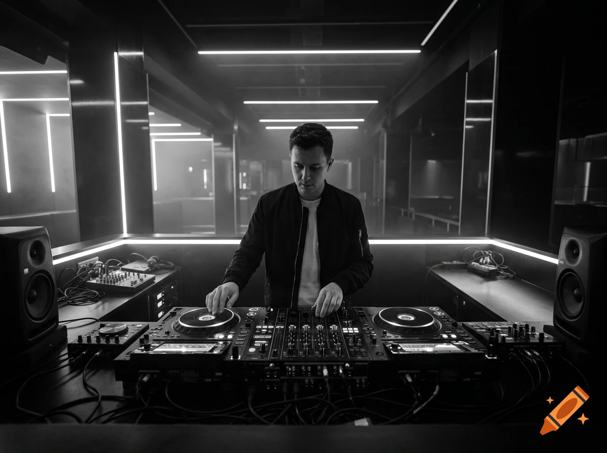 A black and white photograph of a DJ performing at a mixer console inside a modern nightclub or venue with linear lighting.