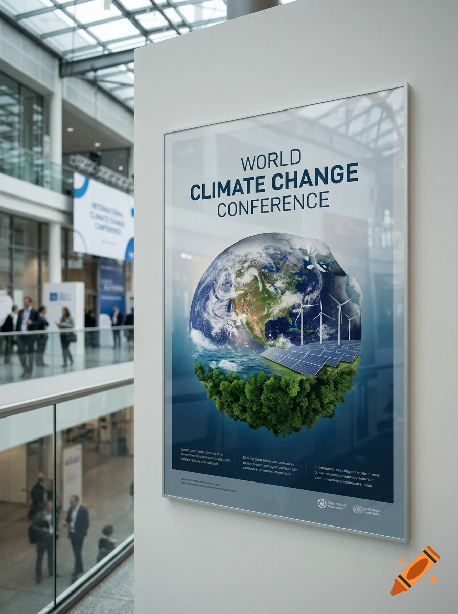 Photorealistic poster for the World Climate Change Conference hanging on a wall in a modern building atrium.