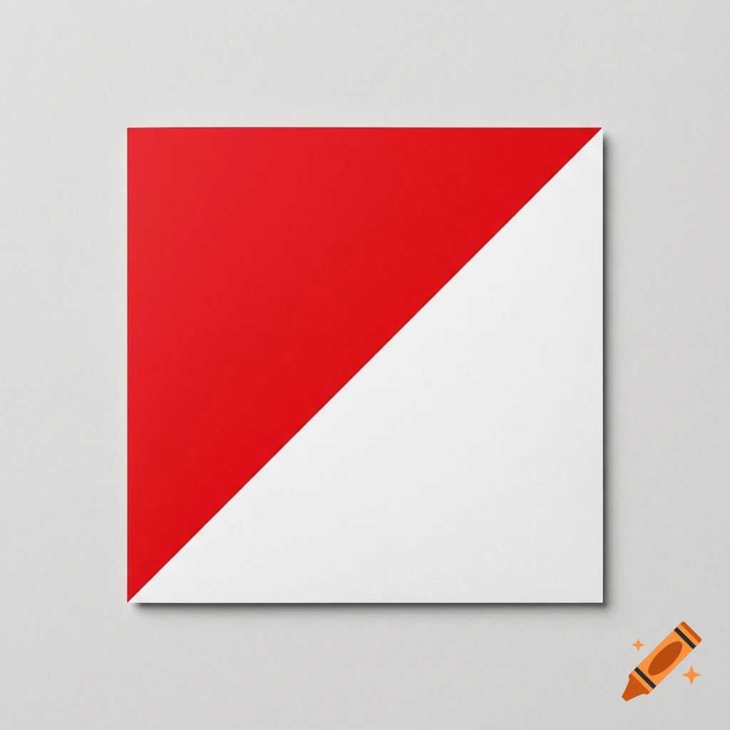 A square geometric design split diagonally into red and white triangles on a light gray surface.