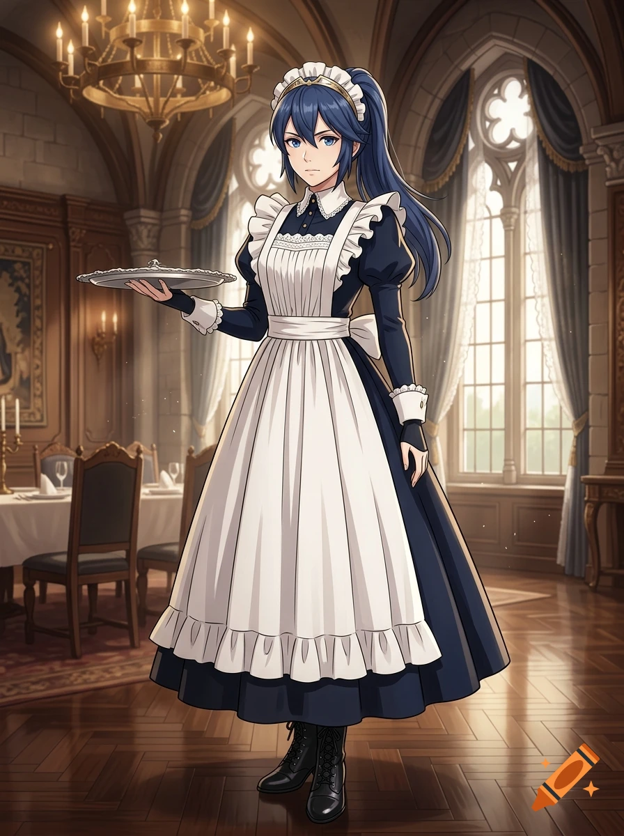 Anime style illustration of Lucina from Fire Emblem wearing a long maid outfit, holding a silver tray inside a grand dining hall.