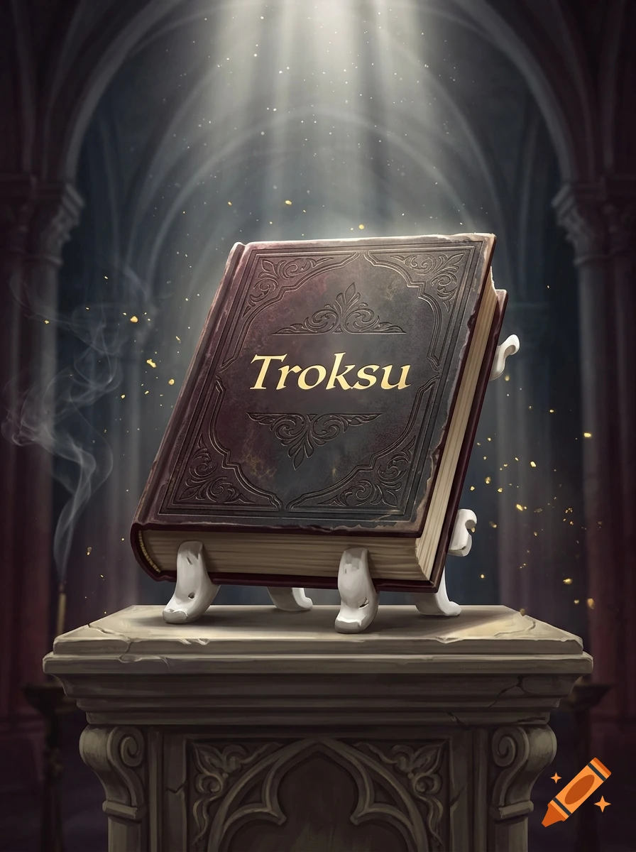 Digital illustration of a large ornate book with white feet resting on a stone pedestal in a cathedral with light beams from above.