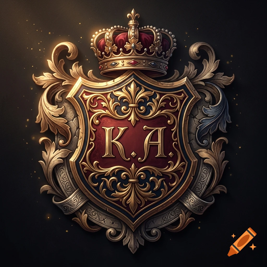 Digital illustration of a medieval coat of arms with a red and blue shield, gold ornamentation, crown, and initials K.A.