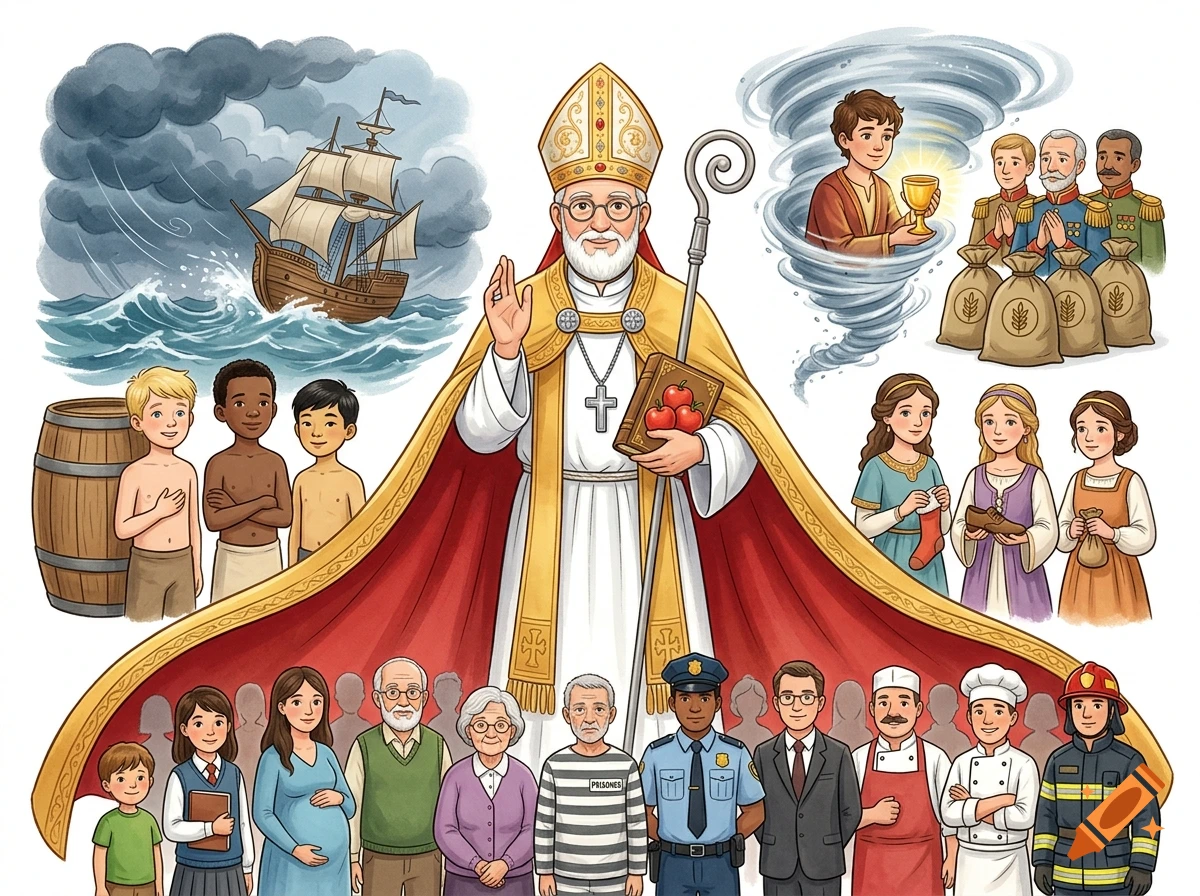 Children's book illustration of Saint Nicholas in a bishop's robe holding an apple-topped book, surrounded by various people, a ship in storm, and a whirlwind.
