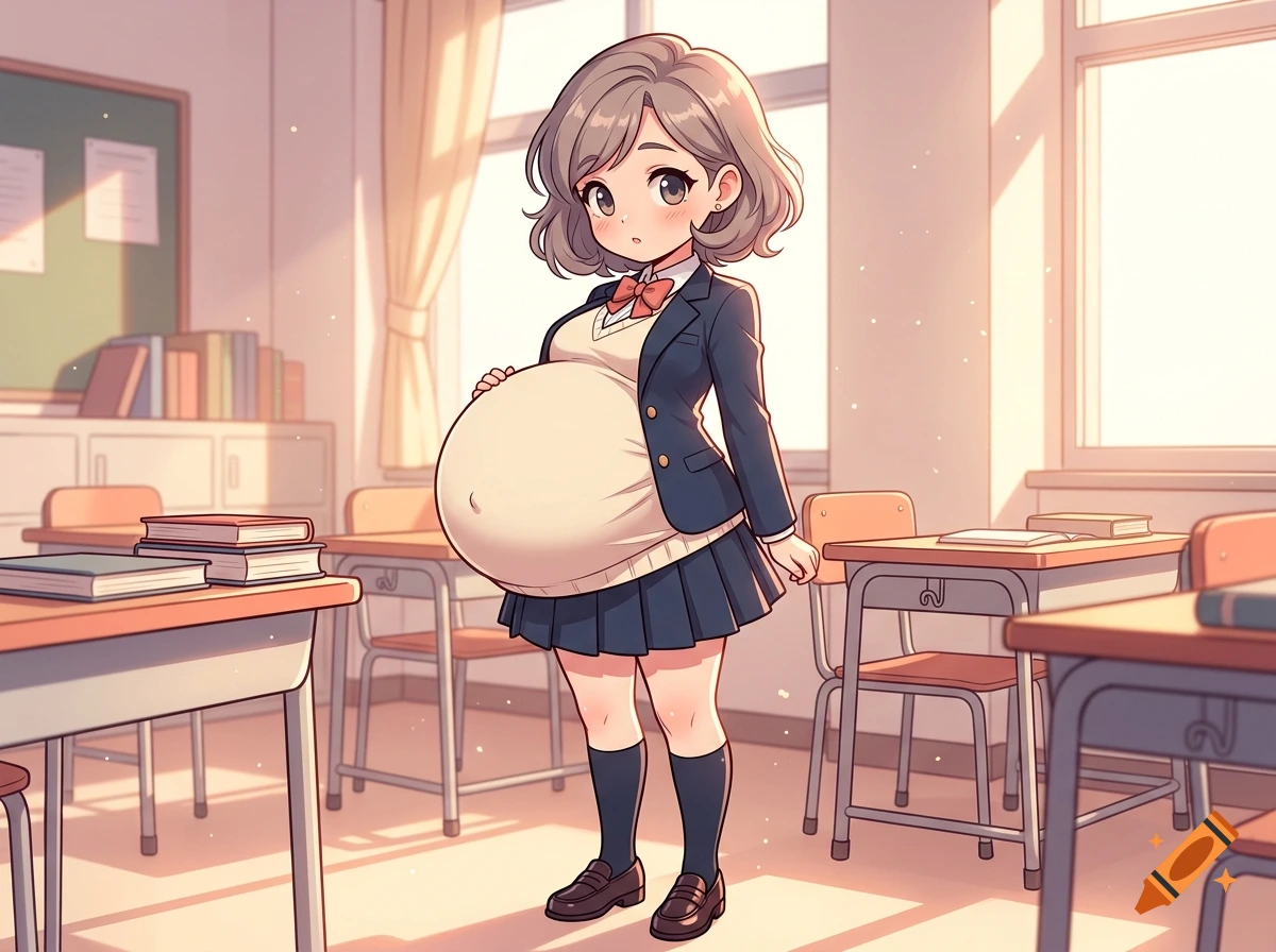Anime style illustration of a small student girl with a very big belly standing in a classroom.