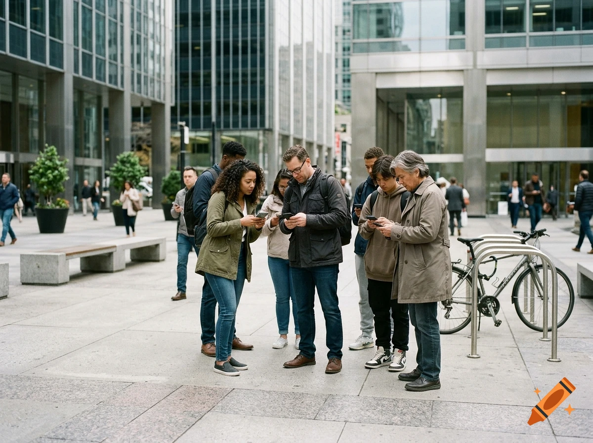 A diverse group of people stand outdoors in a plaza among modern buildings, looking down at their smartphones.