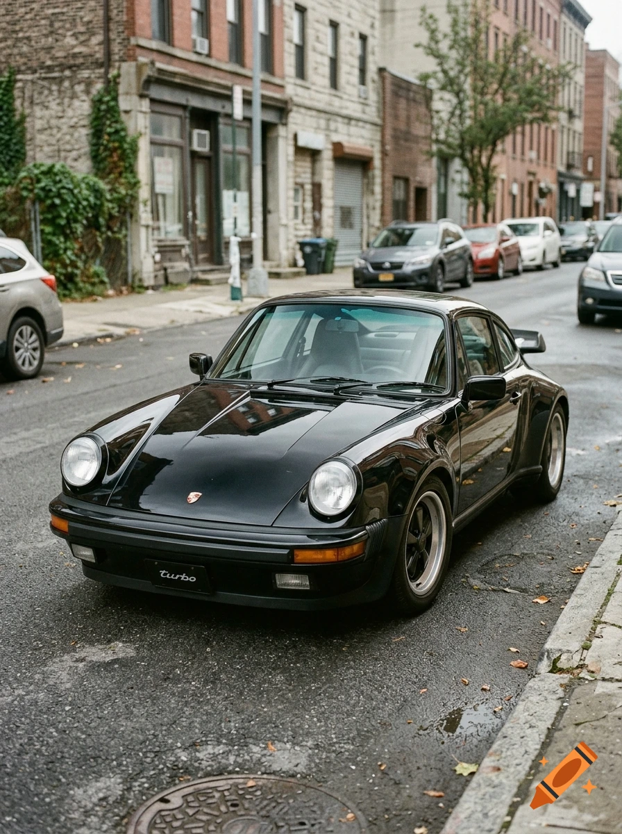 A vintage black Porsche 930 parked on a city street lined with buildings and parked cars.