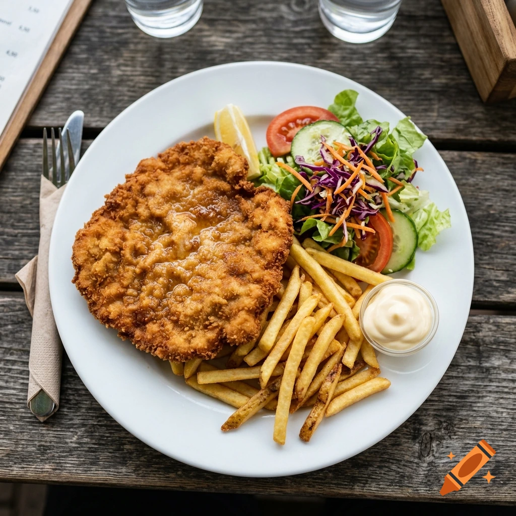 Overhead photo of a schnitzel with french fries, salad, and mayonnaise on a white plate atop a wooden table.