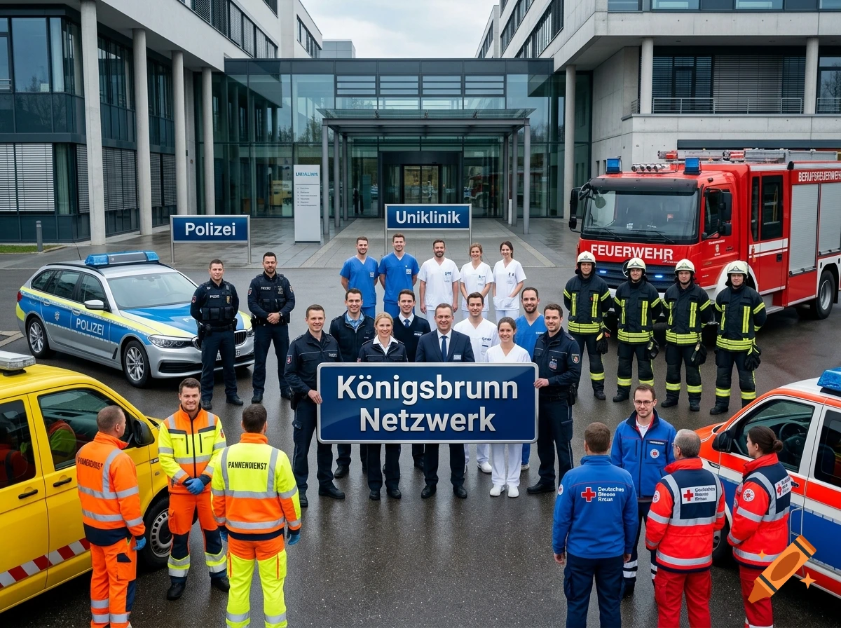 Emergency services personnel, including police officers, firefighters, medical staff, and rescue workers, pose together in front of a hospital building alongside their vehicles.