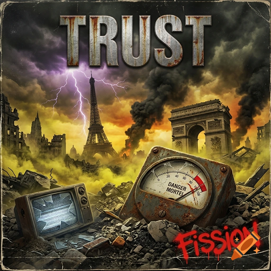 Post-apocalyptic album cover illustration featuring a ruined Paris skyline with the Eiffel Tower and Arc de Triomphe, a broken Geiger counter, and the text TRUST and FISSION.