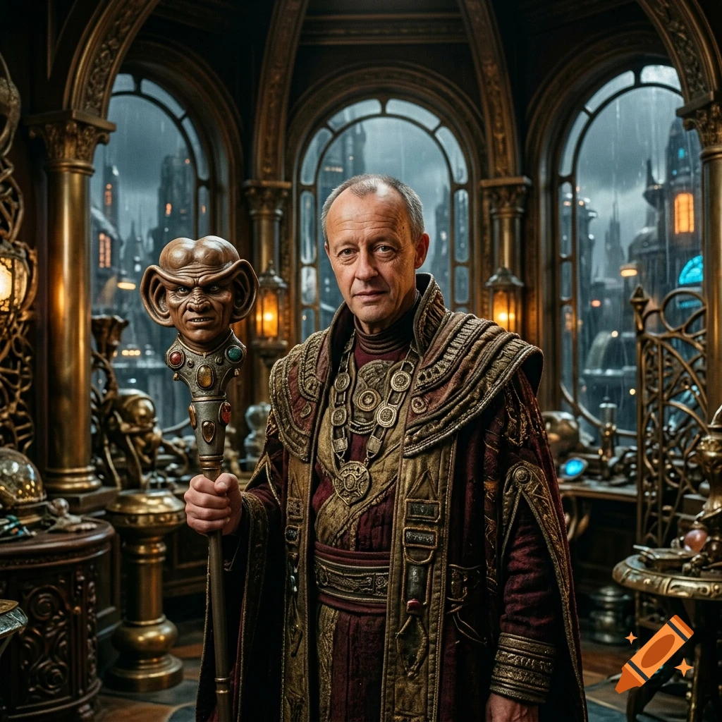Photorealistic portrait of a politician styled as a Ferengi Grand Nagus holding a staff inside an ornate futuristic chamber.