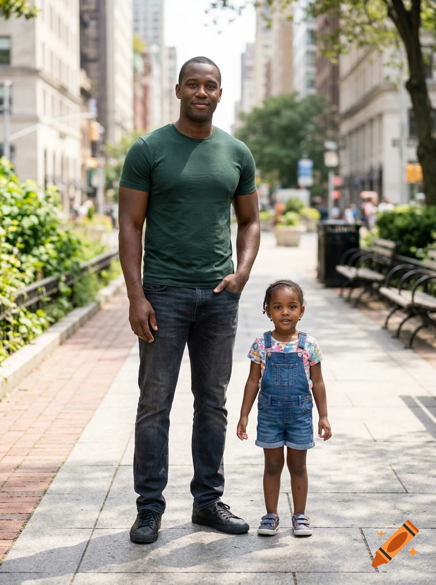 Photorealistic full-body portrait of a tall Black man and a young Black girl standing on a city sidewalk.
