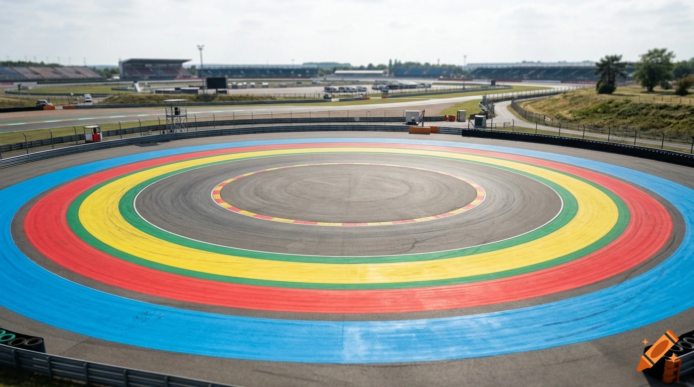 An elevated view of a paved racing circuit featuring a large circular skid pad marked with concentric rings in blue, red, yellow, and green.