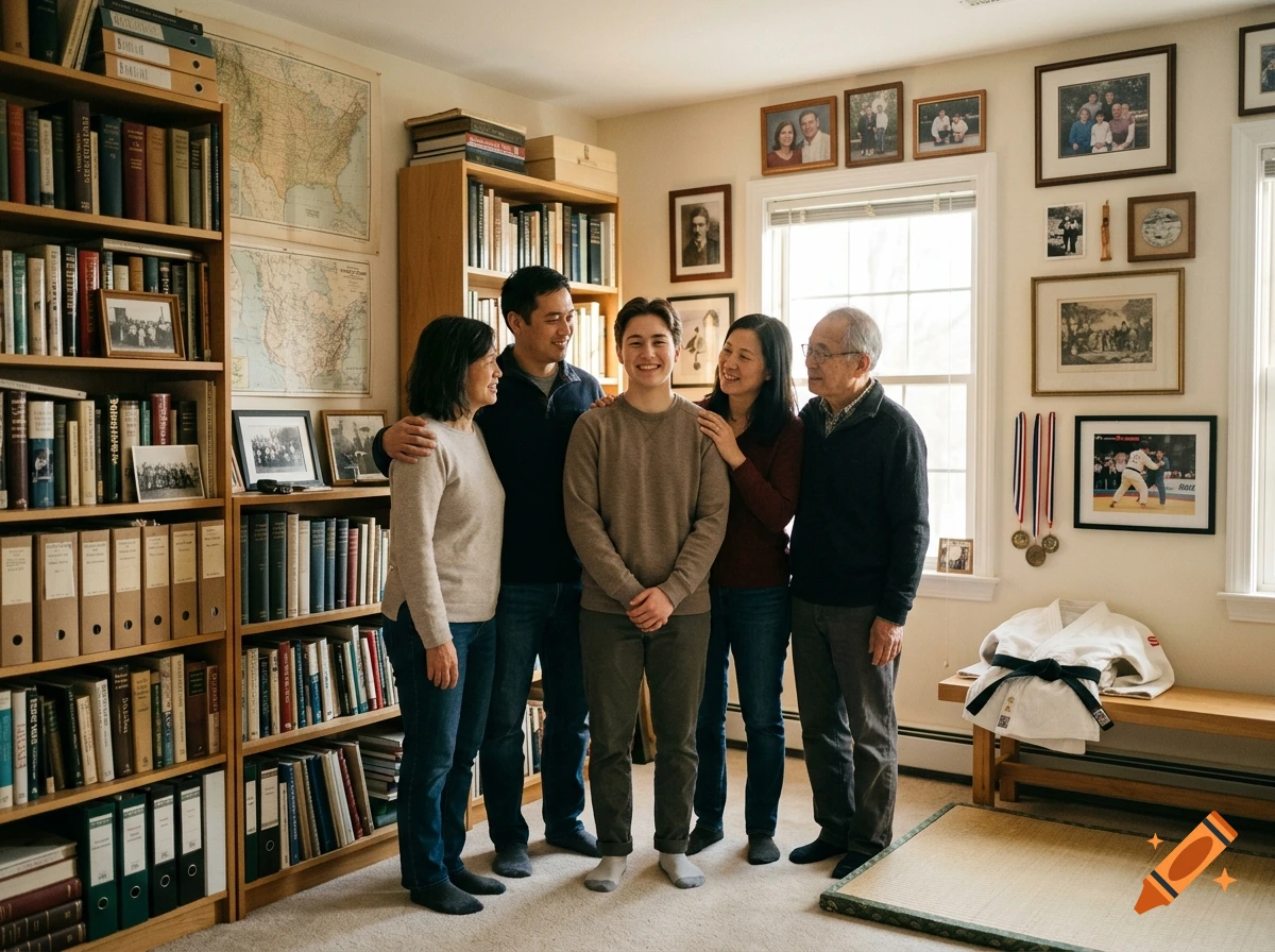 A family of five standing together in a living room filled with bookshelves, maps, framed pictures, and a judo uniform on a bench.