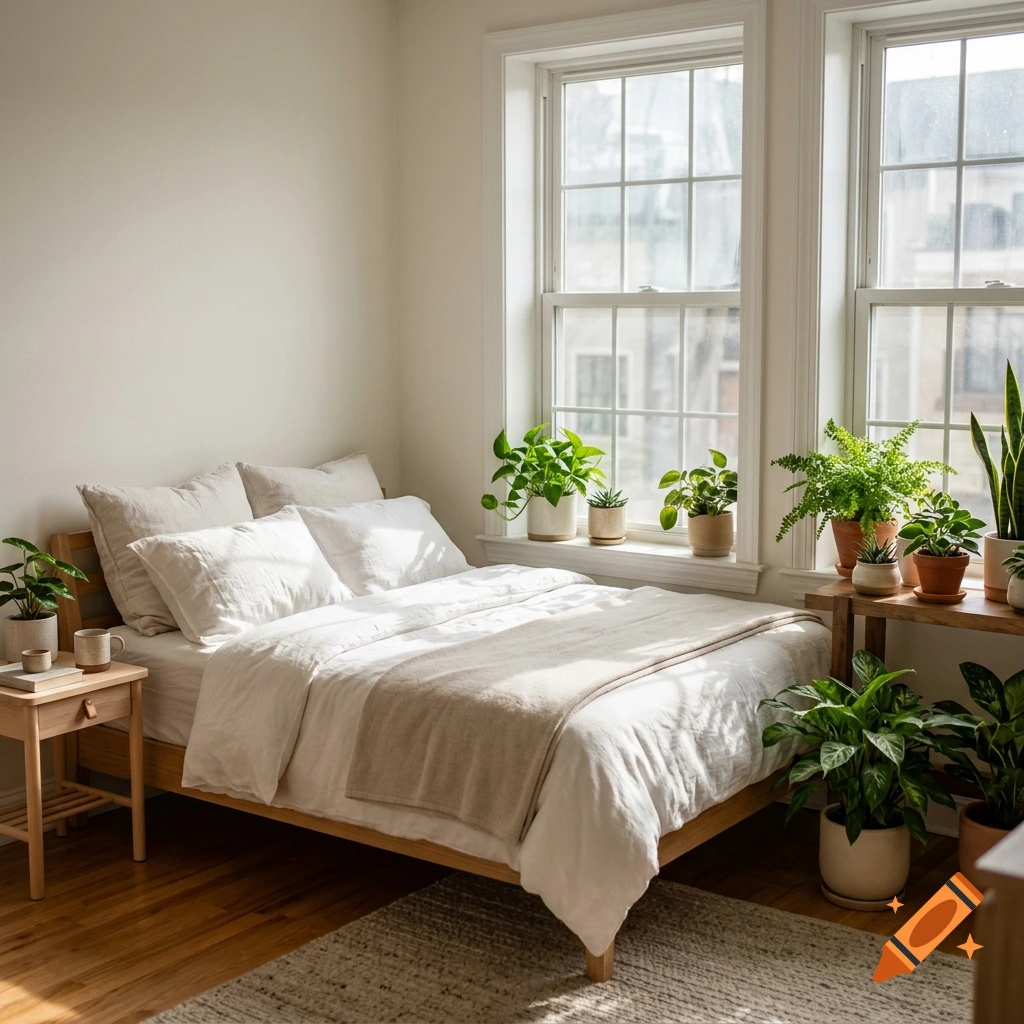 A sunlit bedroom with a wooden bed, white linens, and numerous potted green plants on a bedside table and windowsills, photorealistic.