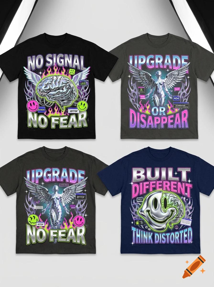 Four t-shirts arranged in a grid display featuring futuristic Y2K graphic designs with chrome elements, wings, smiley faces, and text such as NO SIGNAL NO FEAR and UPGRADE OR DISAPPEAR.