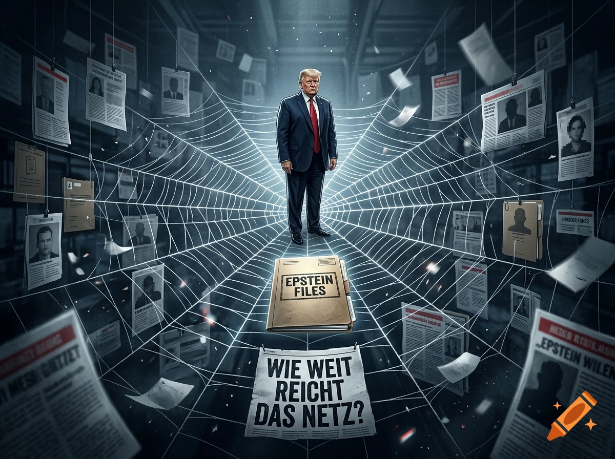 Donald Trump standing in the center of a giant spiderweb holding legal documents labeled Epstein Files, with newspaper clippings attached to the web.
