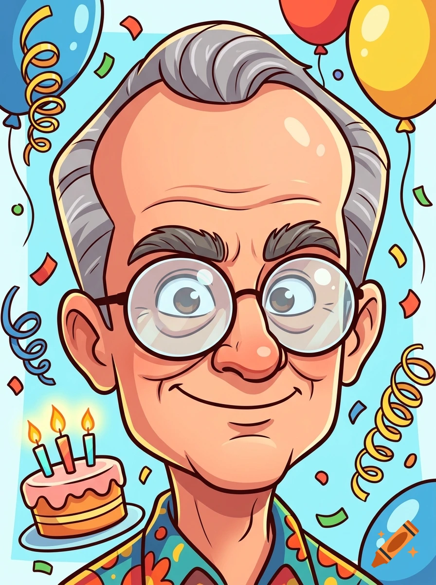 Colorful cartoon portrait of a smiling older man with glasses and a high forehead, surrounded by balloons, streamers, confetti, and a birthday cake.