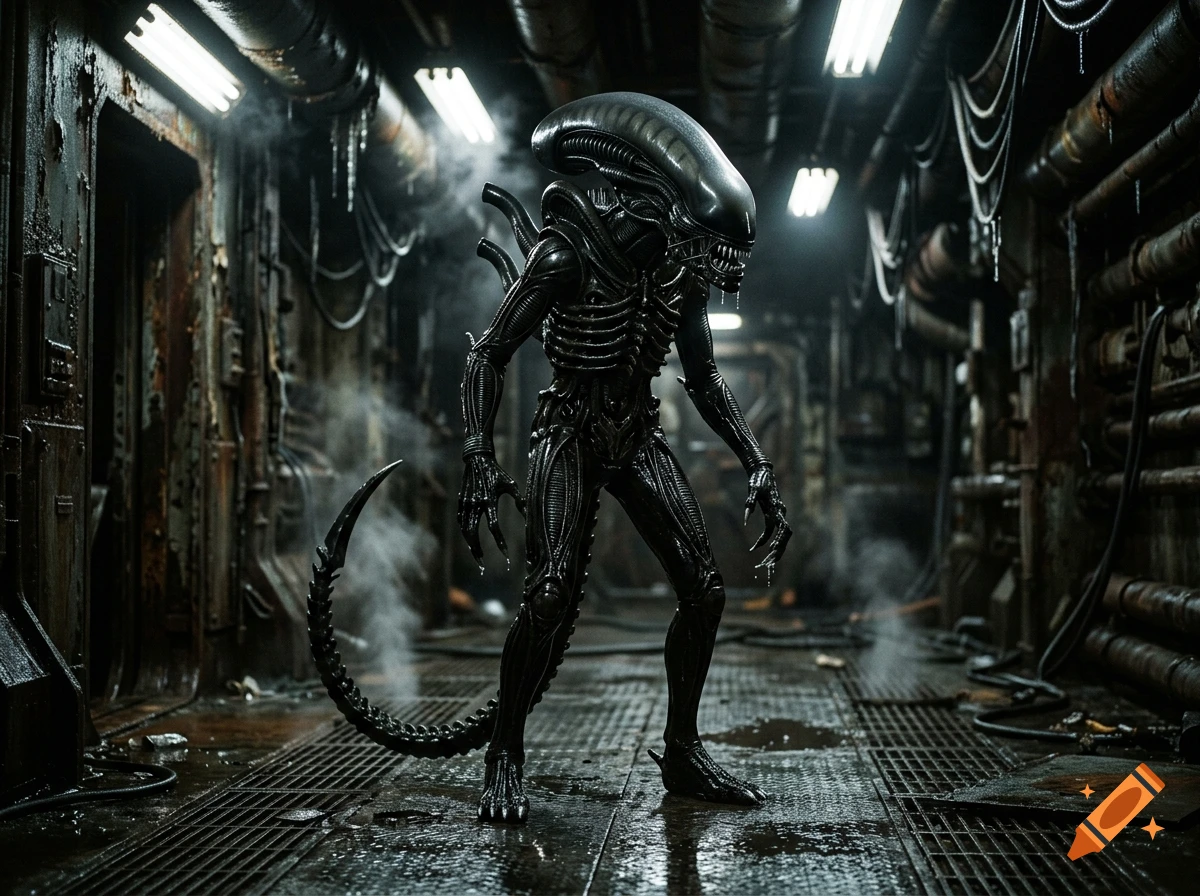 Photorealistic image of a xenomorph standing in a dark, metallic, industrial spaceship corridor.