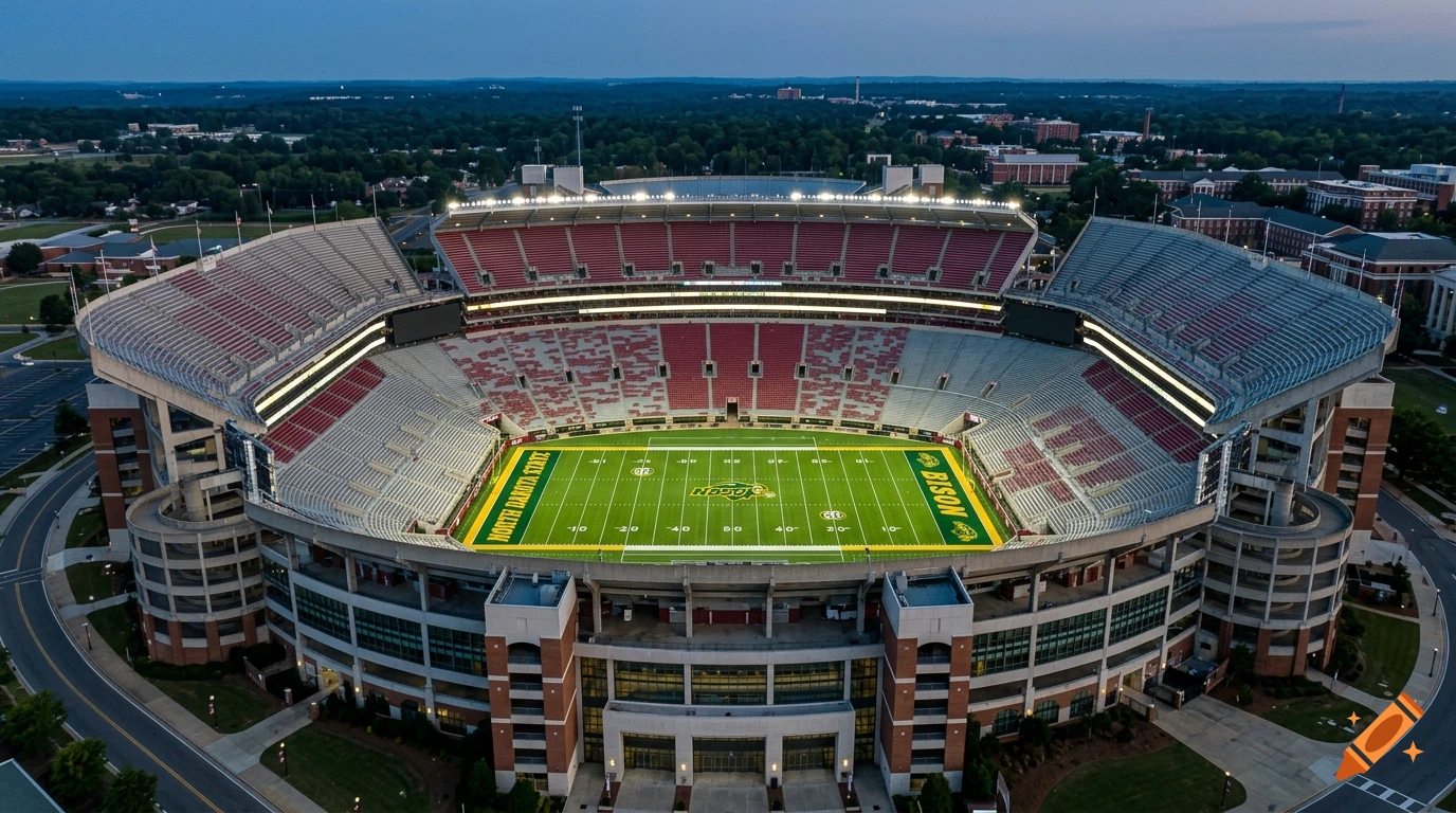 Aerial view of a large football stadium with a green field and red seats, illuminated at dusk, photorealistic.