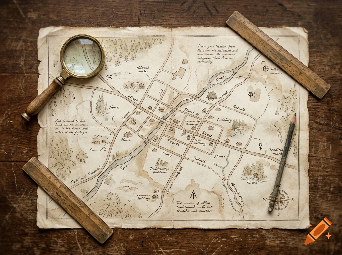 An overhead shot of an aged, hand-drawn map on a wooden table, surrounded by a magnifying glass, rulers, and a pencil.