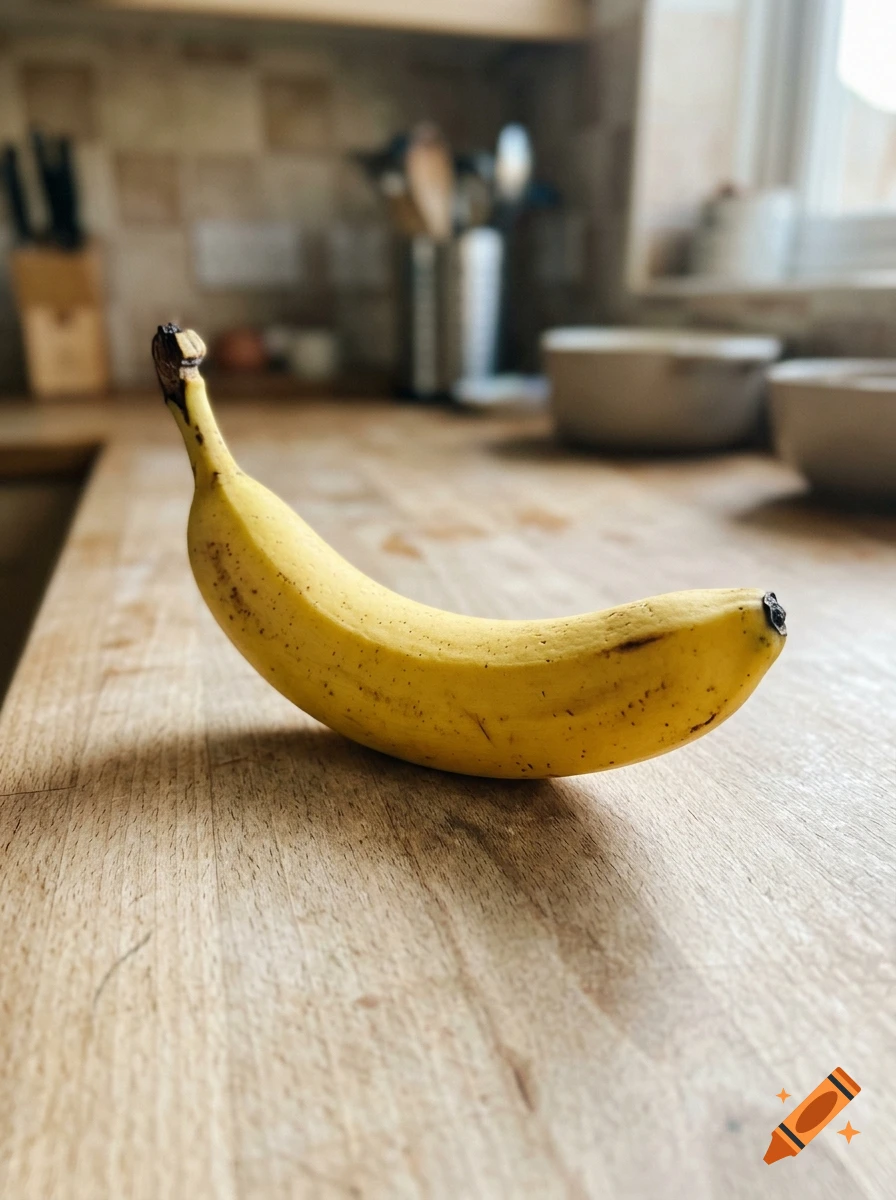 A single yellow banana resting on a wooden kitchen countertop in a photorealistic style.