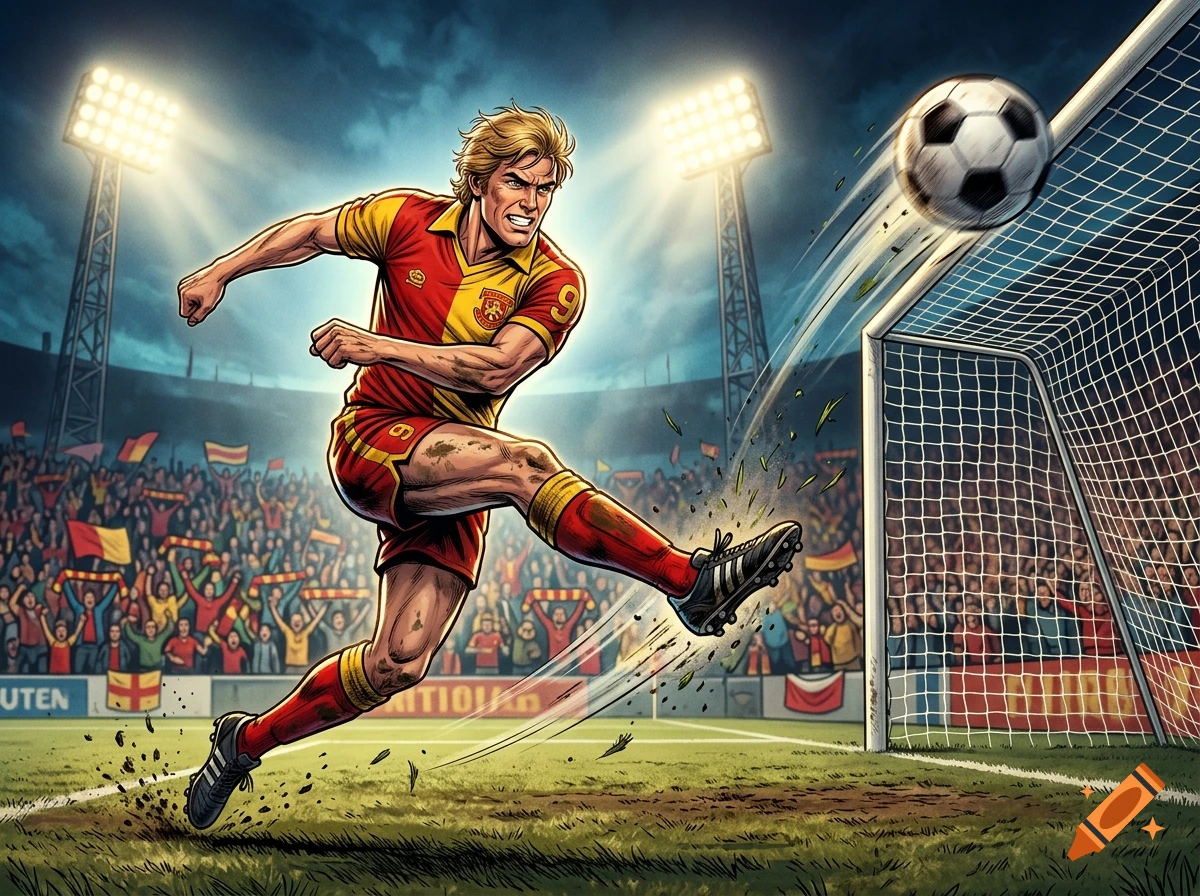 Comic book style illustration of a male soccer player scoring a goal in a stadium.