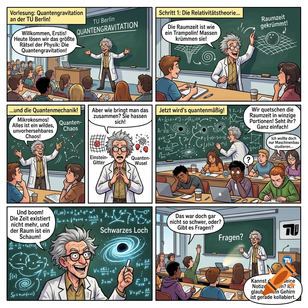 Comic strip showing a professor explaining quantum gravity in a university lecture hall.