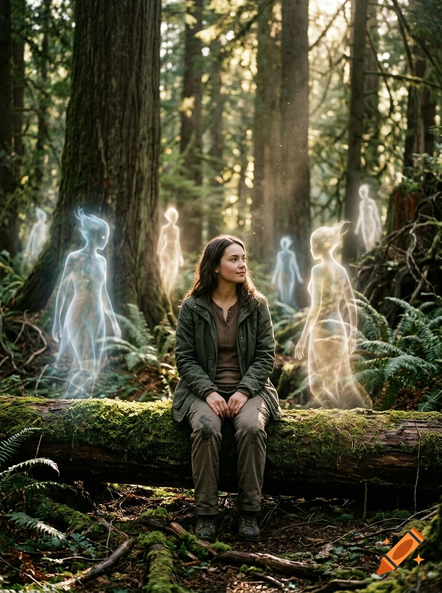 Photorealistic image of a young woman sitting on a mossy log in a forest, surrounded by glowing spirit entities.