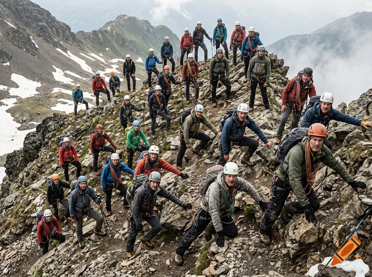 A large group of mountaineers in safety helmets and outdoor gear walking along a rocky mountain ridge under a cloudy sky.