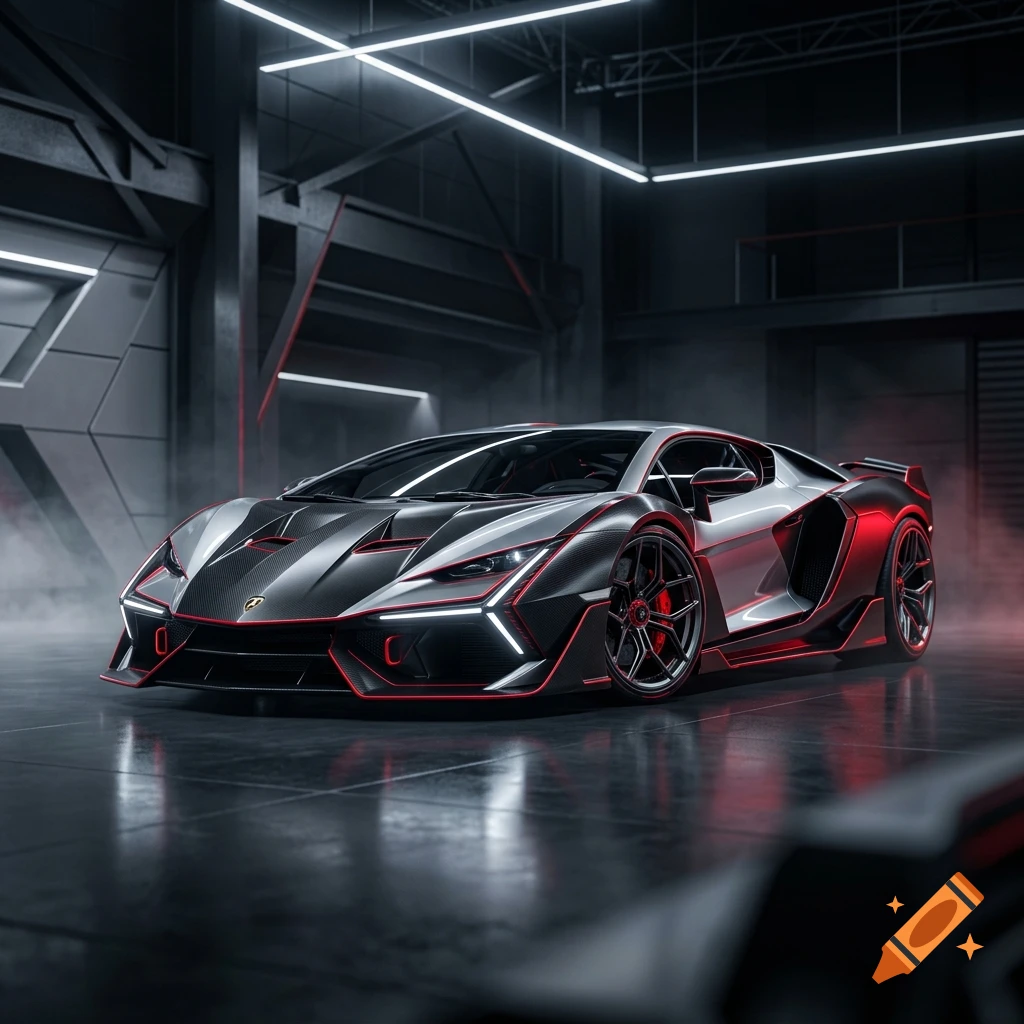 A sleek dark sports car with red accent lighting parked inside a modern industrial garage.