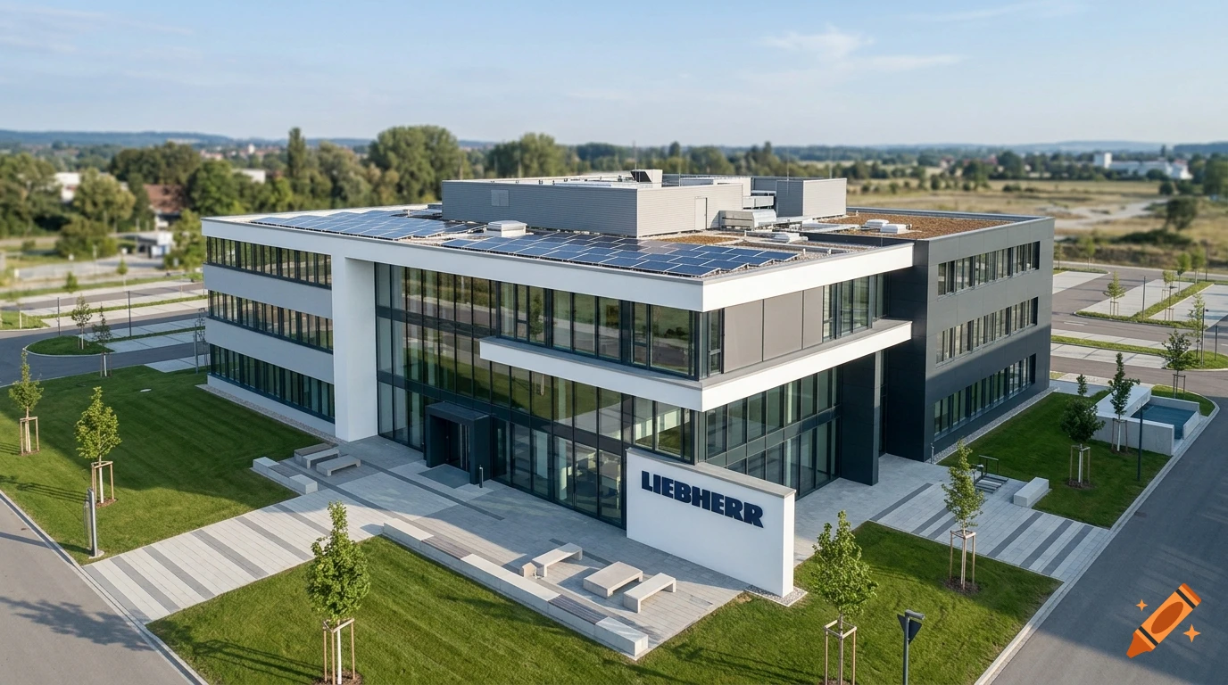 An aerial photo shows the modern multi-story office building of Liebherr surrounded by green lawns and parking lots under a clear sky.