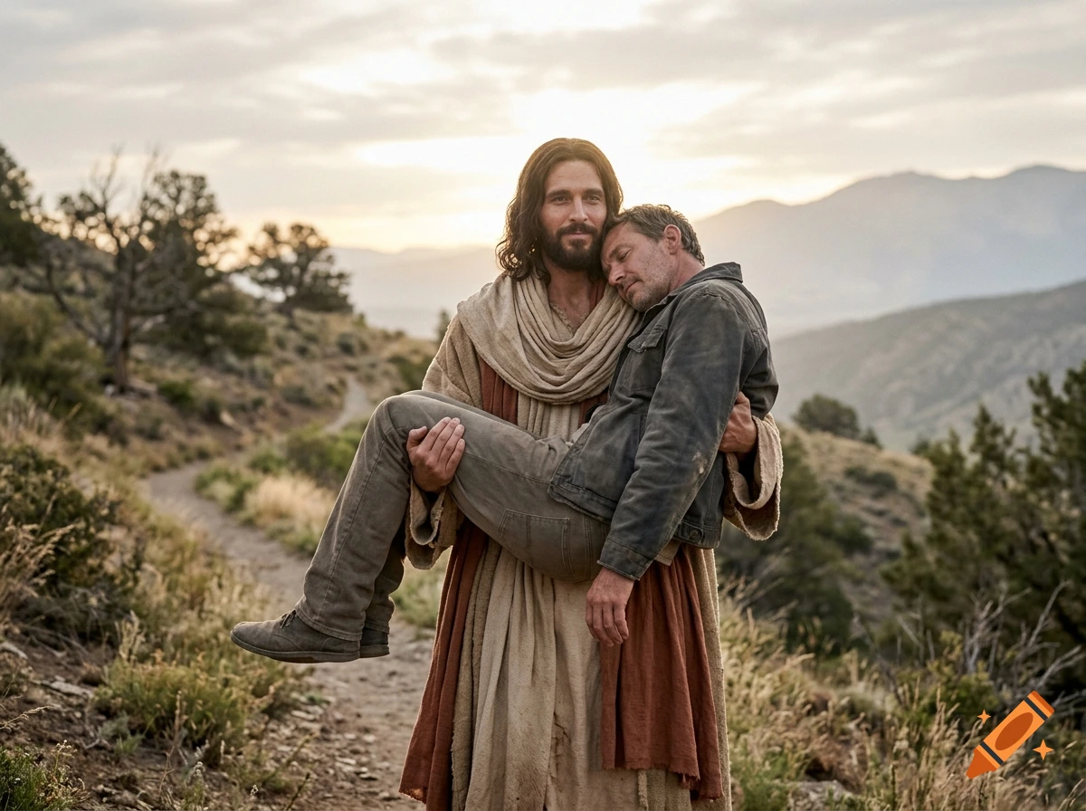 Photorealistic depiction of Jesus carrying a man in his arms along a mountain path at sunset.