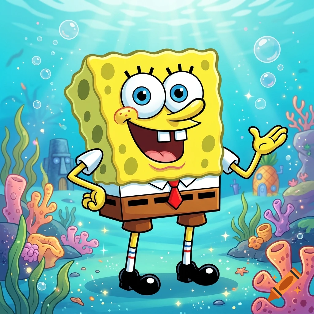 Digital illustration of SpongeBob SquarePants smiling underwater with coral reefs and his pineapple house in the background.