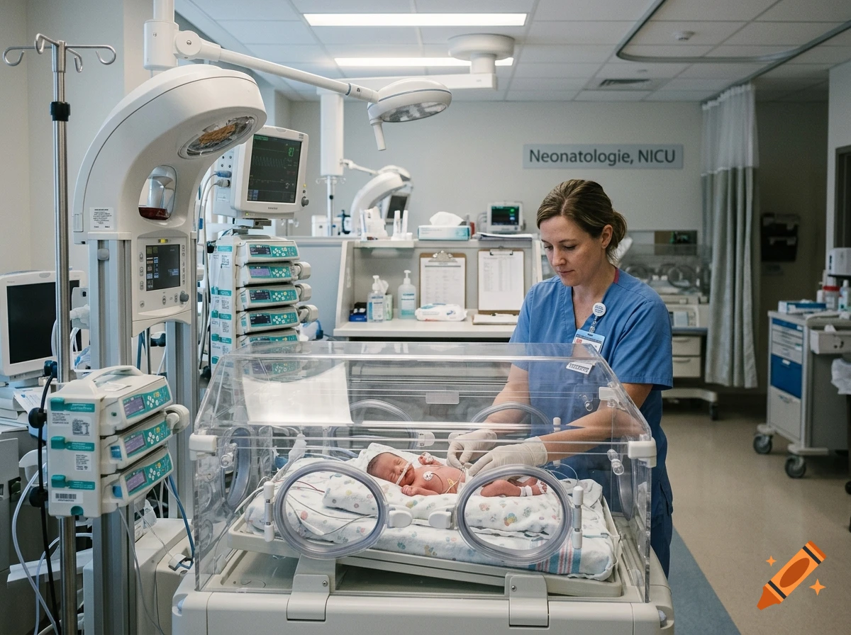 Photorealistic scene of a nurse tending to a newborn baby inside a NICU incubator surrounded by medical equipment.