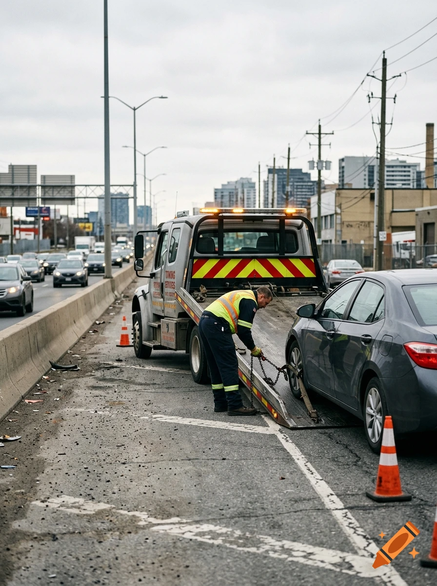 photograph of a tow truck loading a gray car on a busy highway.