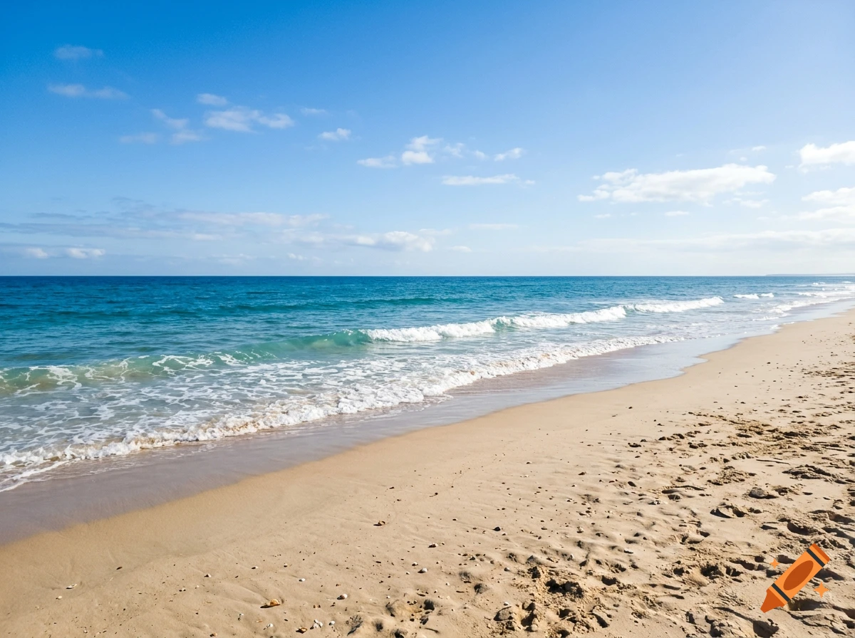 Photorealistic sandy beach with gentle waves meeting the shore under a clear blue sky with light clouds.