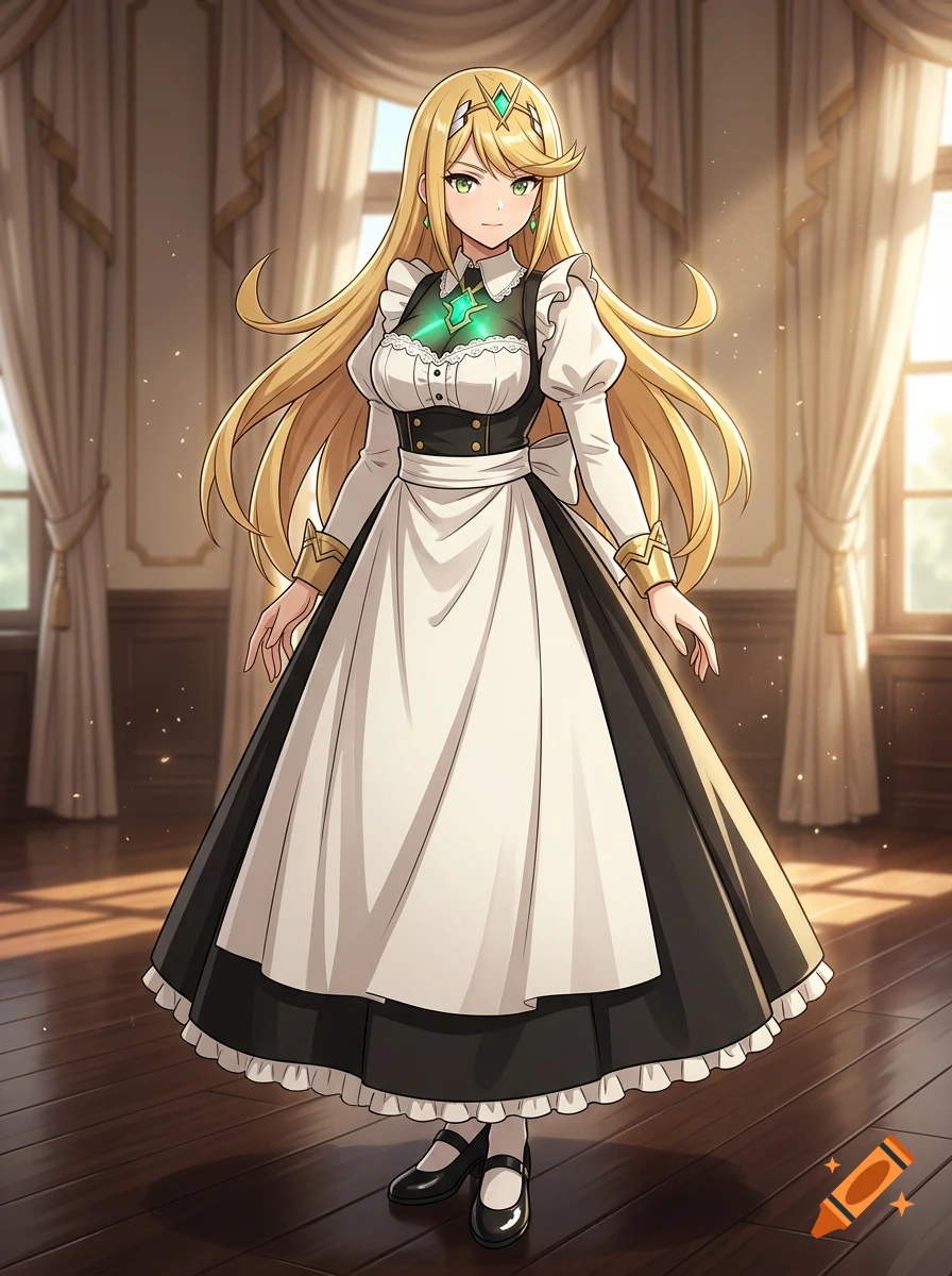 An anime-style illustration of a blonde woman wearing a maid outfit with a white apron and black dress standing in a grand room with large windows.