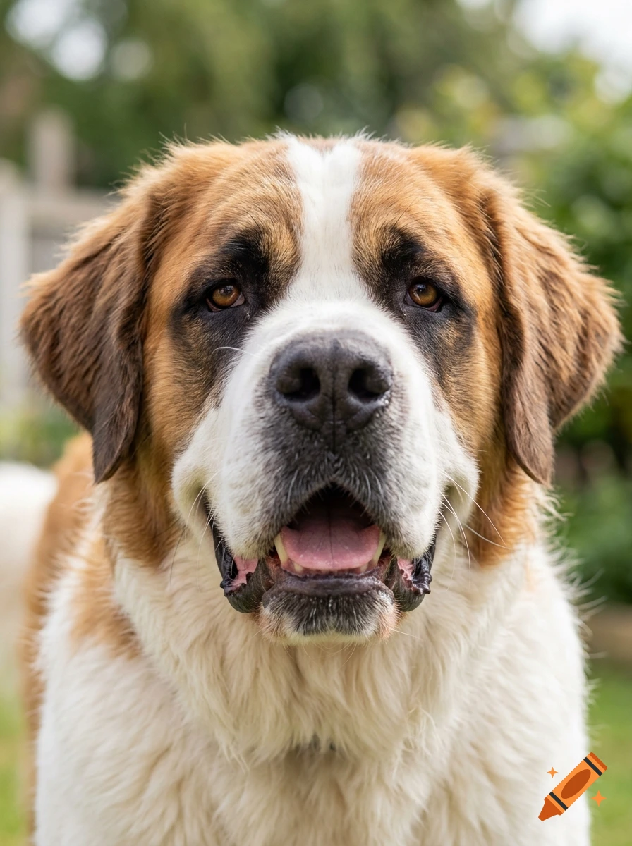 Close-up portrait of a friendly Saint Bernard dog looking directly at the camera outdoors.