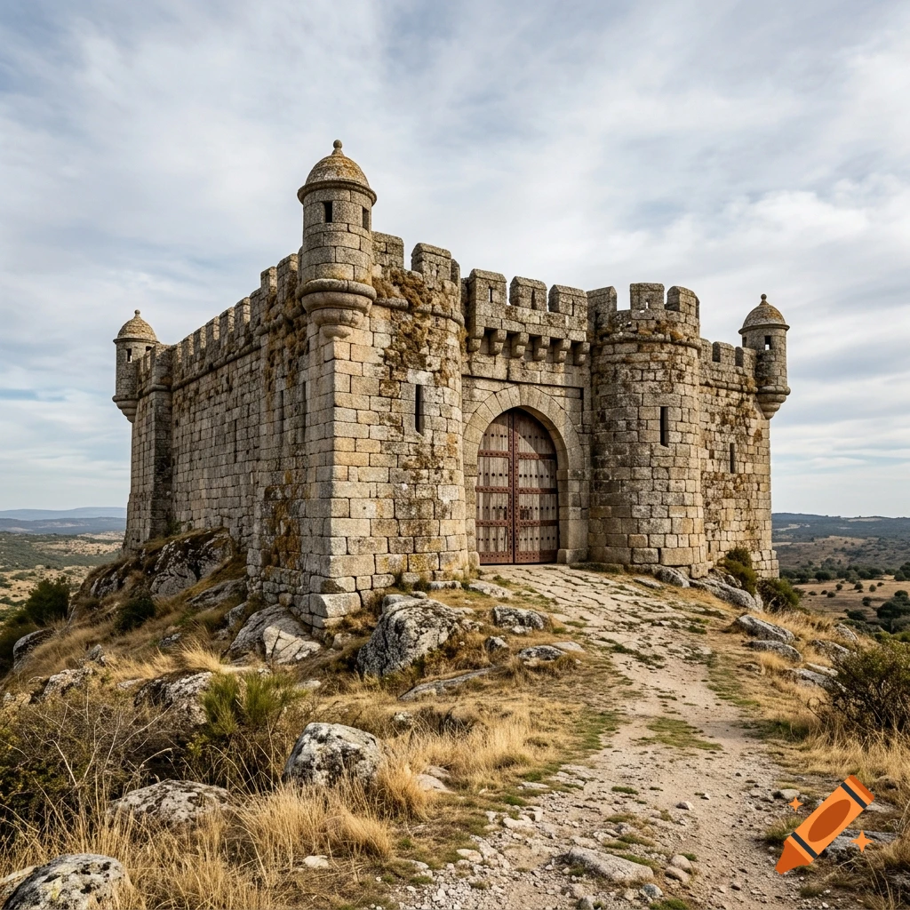 Photorealistic image of a stone medieval castle with watchtowers on a hilltop under a cloudy sky.